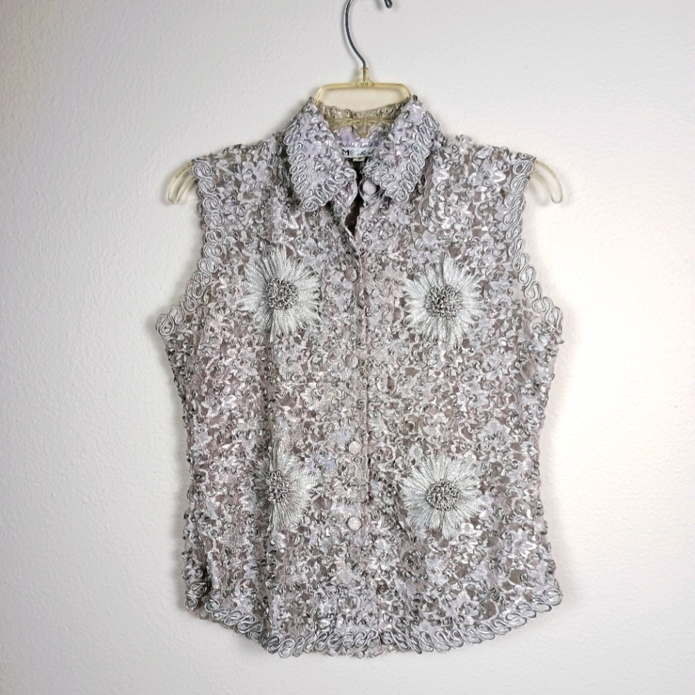 MK Solo Sleeveless Embroidered Collared Button Down Women Top - Size 2